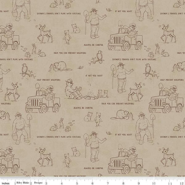 Image of the Friends of Smokey Bear Outlines Sand quilting cotton fabric. Features animals on a cream background. Cute Little Fabric Shop