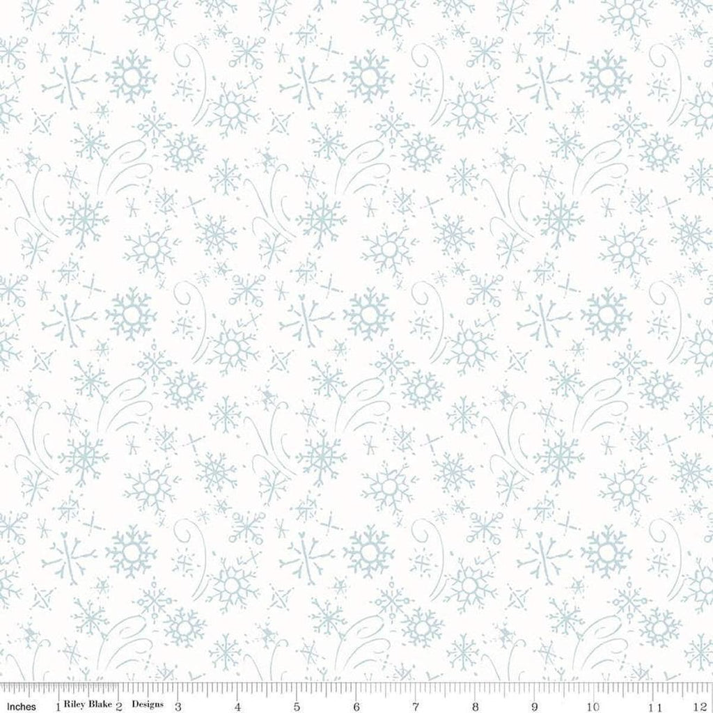 Image of the Santa's Tree Farm Snowflake Snowy quilting cotton fabric by Riley Blake Designs. Features snowflakes on a white background. Cute Little Fabric Shop
