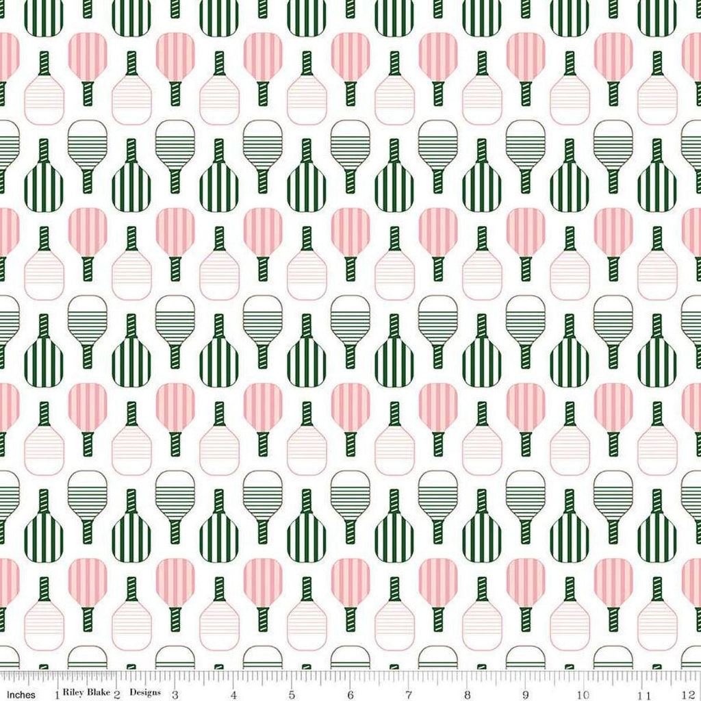 Image of the Pickleball Paddles White quilting cotton fabric by Riley Blake Designs. Features paddles on a white background. Cute Little Fabric Shop