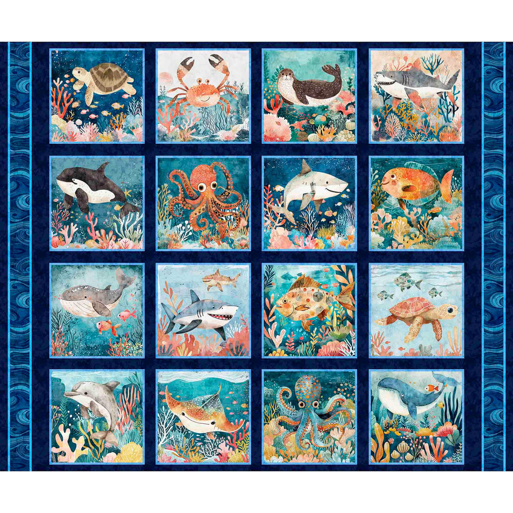 Deep Sea Dazzle Undersea Picture Patches Panel 31194 Navy N - by QT Fabrics - Underwater Sea Animals Creatures Fish - Quilting Cotton Fabric