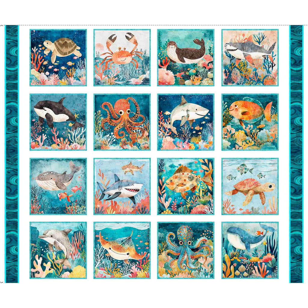 Deep Sea Dazzle Undersea Picture Patches Panel 31194 Turquoise Q - by QT Fabrics - Underwater Sea Animals Fish - Quilting Cotton Fabric