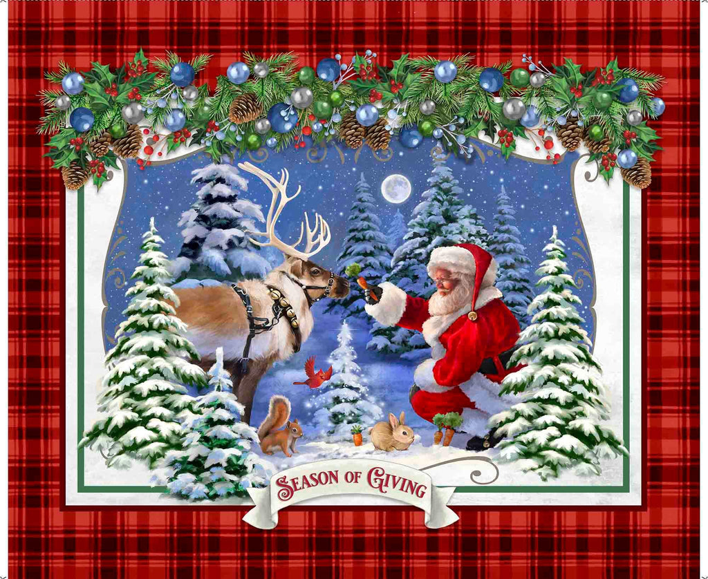 Season Of Giving Santa And Reindeer Panel 31018 Red R - QT Fabrics - Christmas Holiday Winter - Quilting Cotton Fabric