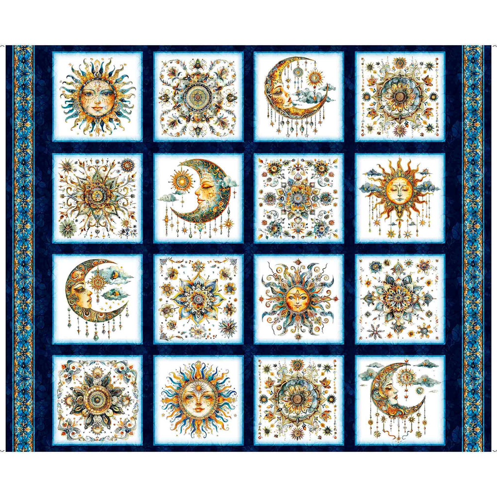 Bohemian Sunrise Celestial Patches Panel 31087 Navy N - by QT Fabrics - Stars Symbols Moons - Quilting Cotton Fabric