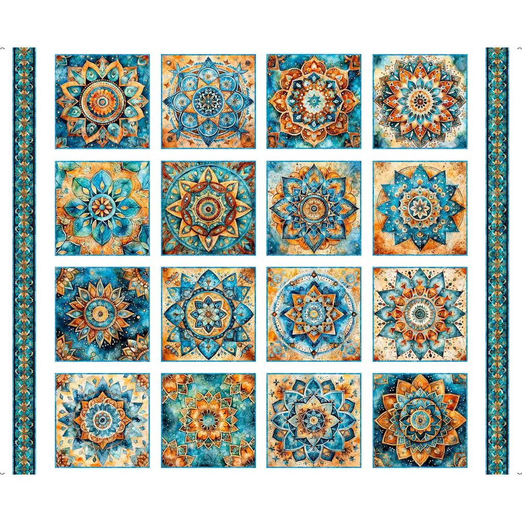 Bohemian Sunrise Foulard Medallion Patches Panel 31088 White Z - by QT Fabrics - Stars Symbols Moons - Quilting Cotton Fabric