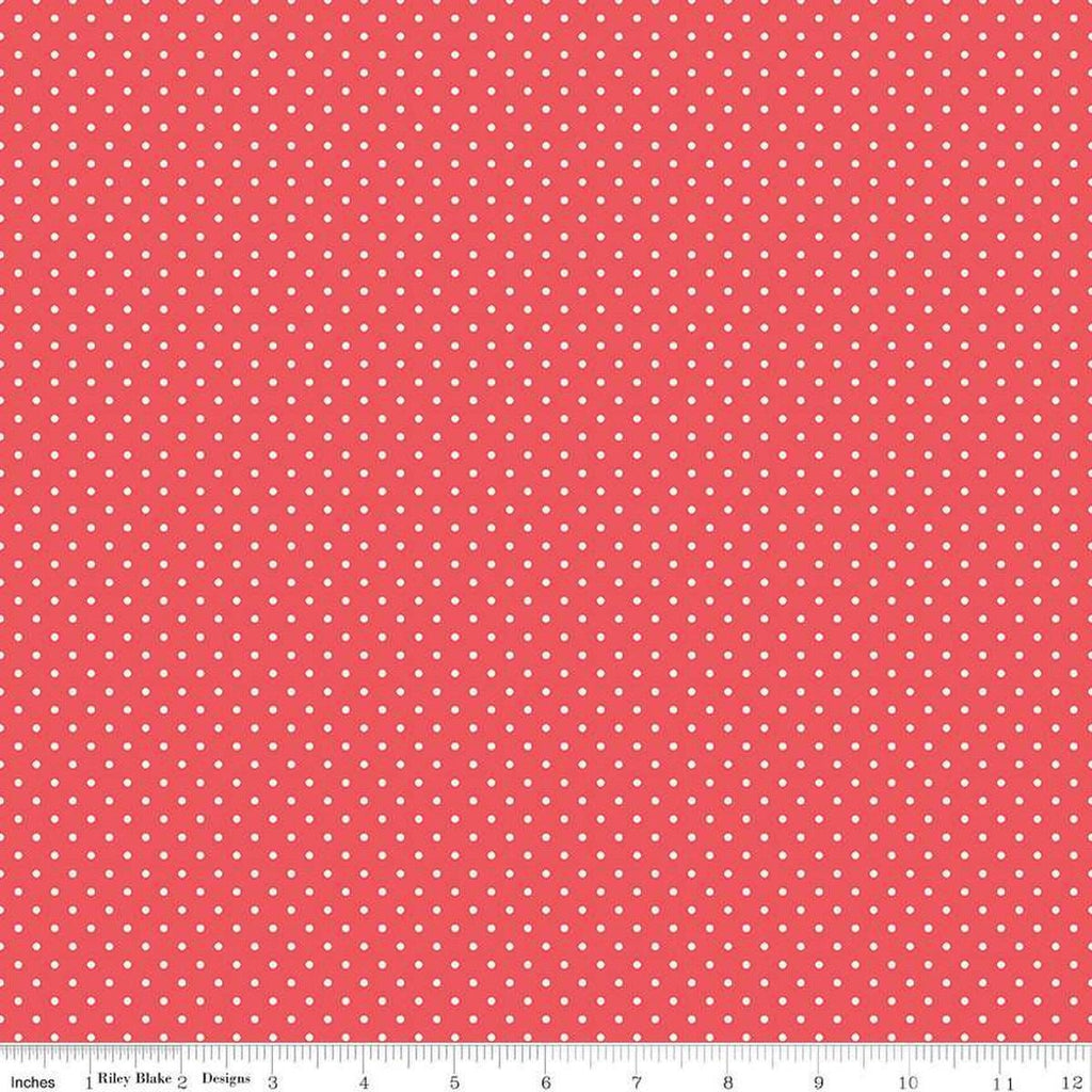Image of the Flannel Swiss Dot Red quilting cotton fabric by Riley Blake Designs. Features swiss dot on a red background. Cute Little Fabric Shop