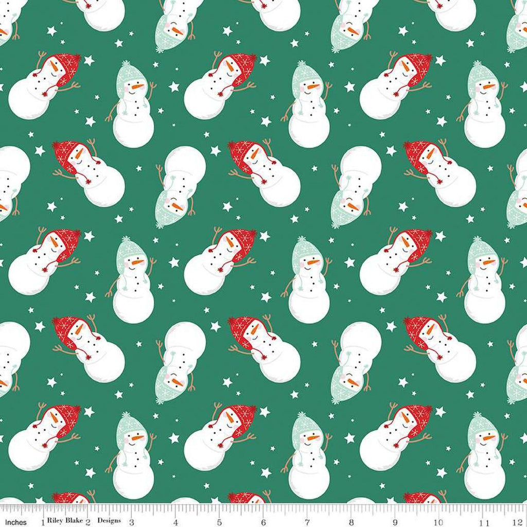 Image of the Flannel Snowmen Green quilting cotton fabric by Riley Blake Designs. Features snowmen on a green background. Cute Little Fabric Shop