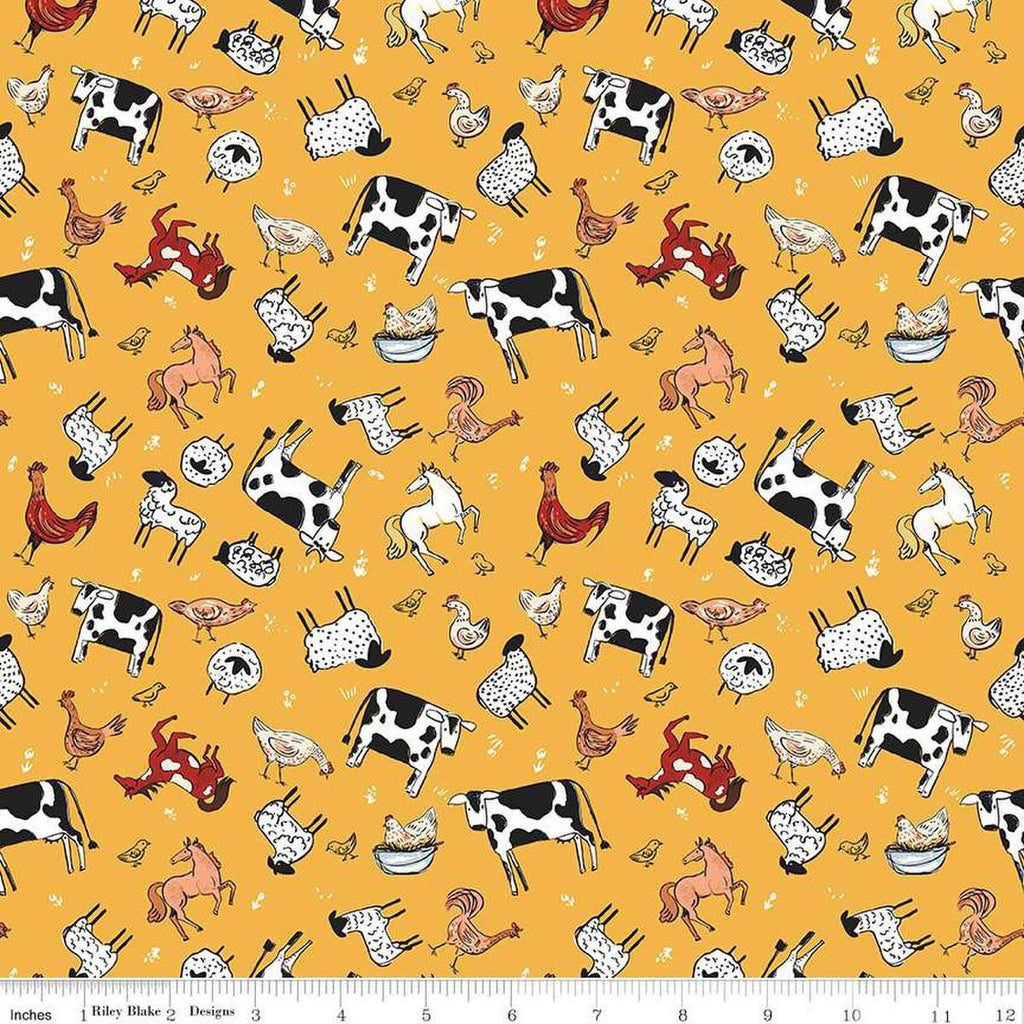 Image of the Farm Livin' Animal Toss Yellow quilting cotton fabric by Riley Blake Designs. Features farm animals like chickens, horses, sheep, and ducks on a yellow background. 
Cute Little Fabric Shop