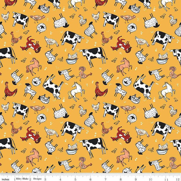 Image of the Farm Livin' Animal Toss Yellow quilting cotton fabric by Riley Blake Designs. Features farm animals like chickens, horses, sheep, and ducks on a yellow background. 
Cute Little Fabric Shop