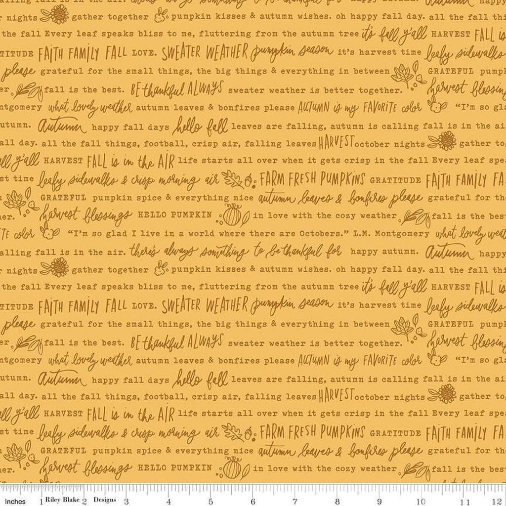 Image of the Happy Fall Days Autumn Words Gold quilting cotton fabric by Riley Blake Designs. Features text on a gold background. Cute Little Fabric Shop