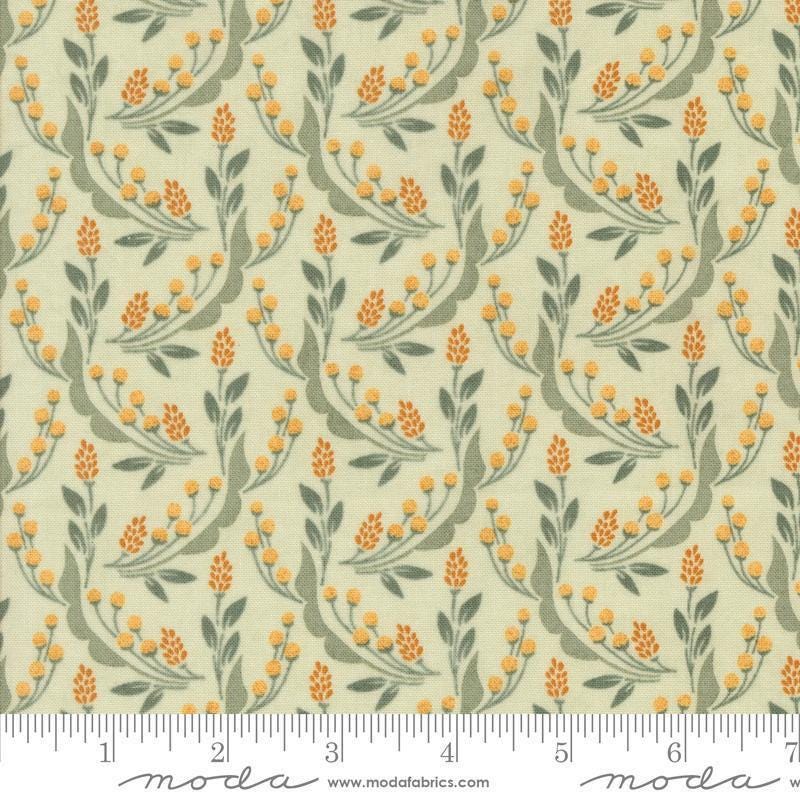 Image of the Acorn Hollow Harvest Mist quilting cotton fabric by Moda Fabrics. Features flowers on a blue background. Cute Little Fabric Shop