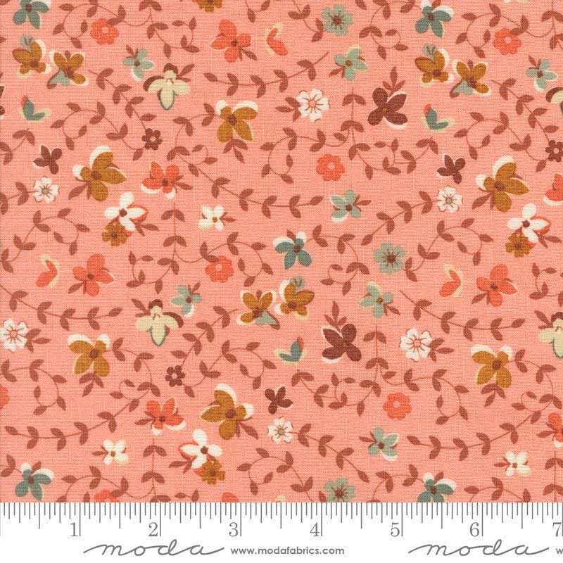 Image of the Acorn Hollow Gather Apple quilting cotton fabric by Moda Fabrics. Features flowers on a red background. Cute Little Fabric Shop