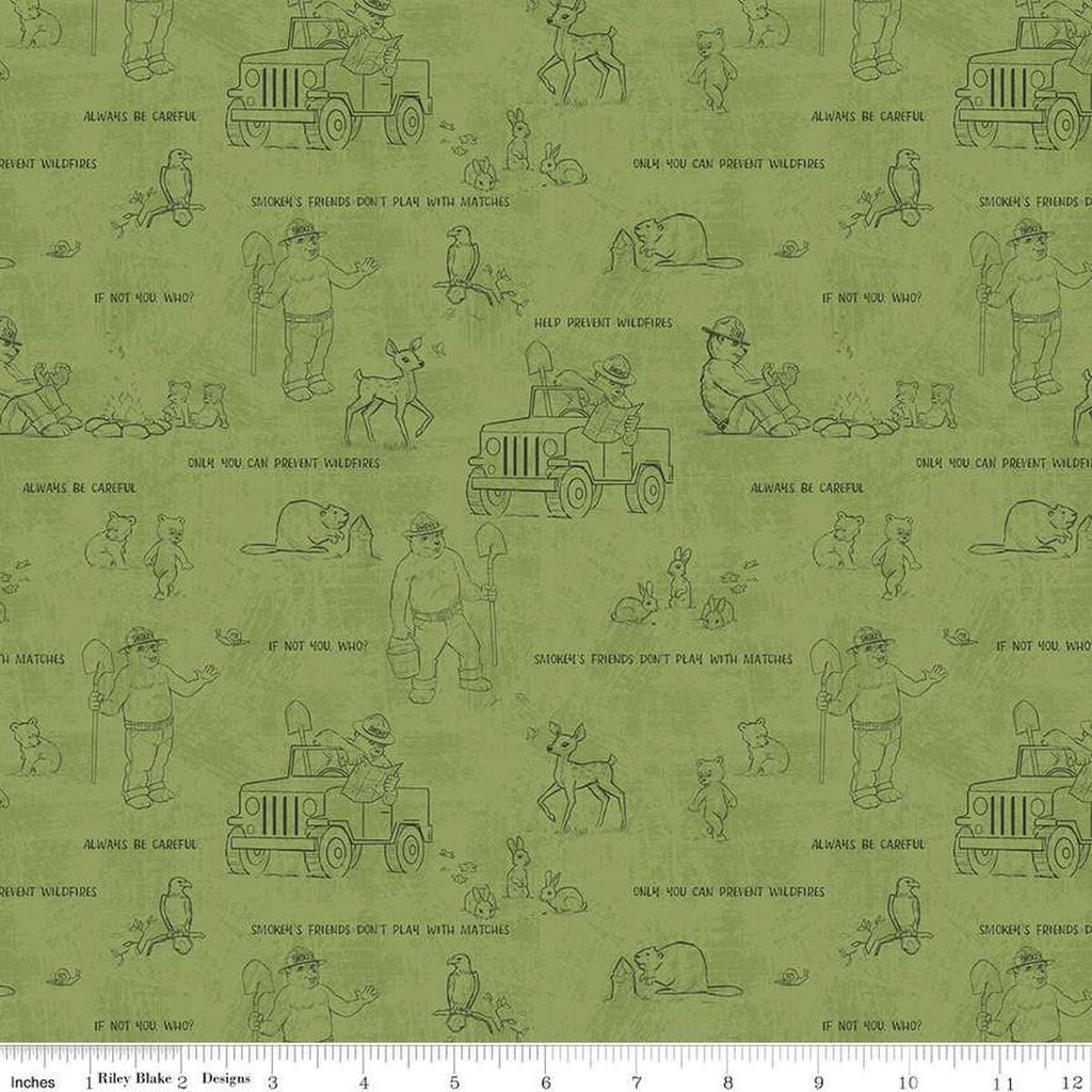 Image of the Friends of Smokey Bear Outlines Grass quilting cotton fabric. Features animals on a green background. Cute Little Fabric Shop