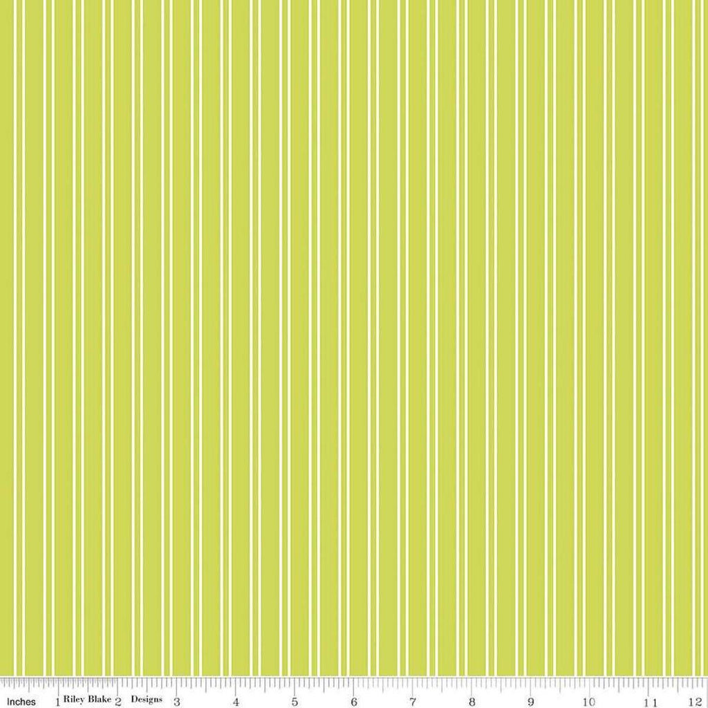 Image of the Pickleball Stripes Lime quilting cotton fabric by Riley Blake Designs. Features pickleball items on a green background. Cute Little Fabric Shop