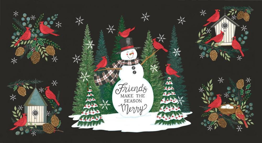 Winter Friends Panel 56139 Charcoal Black - Moda Fabrics - Winter Snowman Trees Christmas - Quilting Cotton Fabric
