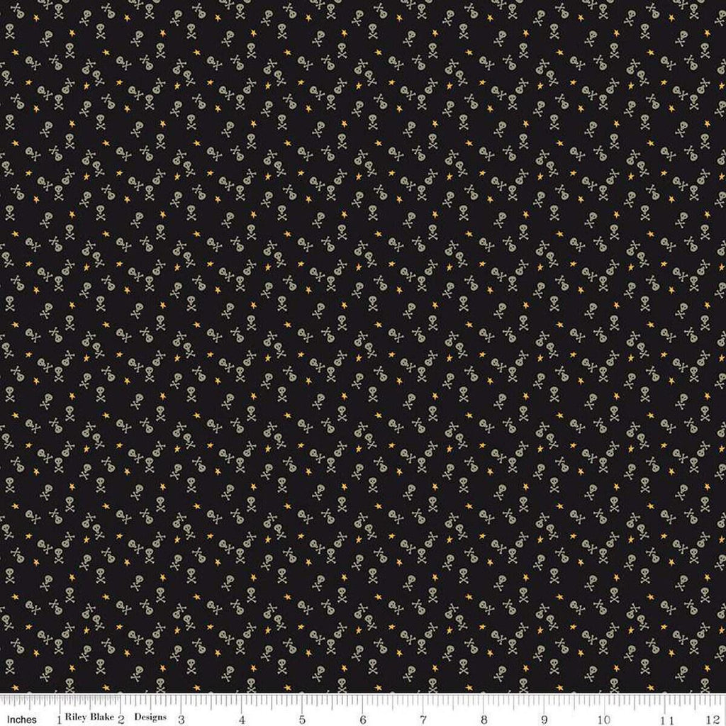 Beggar's Night Skulls C14508 Black - Riley Blake Designs - Halloween Skulls Crossbones Stars - Quilting Cotton Fabric