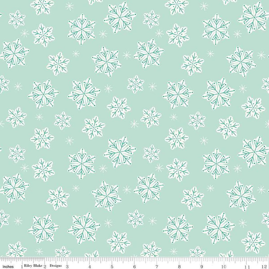 Image of the Flannel Snowflakes Songbird quilting cotton fabric by Riley Blake Designs. Features snowflakes on a blue background. Cute Little Fabric Shop