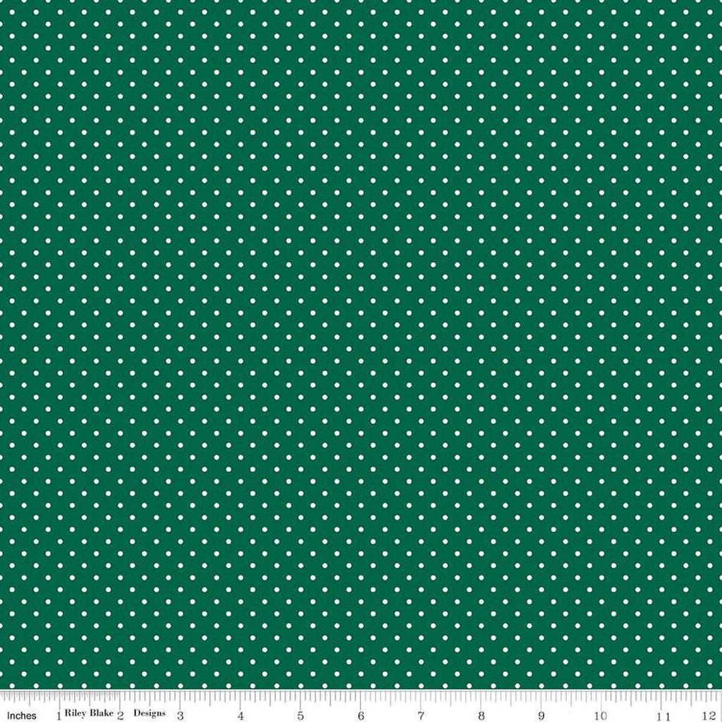 Image of the Flannel Swiss Dot Green quilting cotton fabric by Riley Blake Designs. Features swiss dot on a green background. Cute Little Fabric Shop