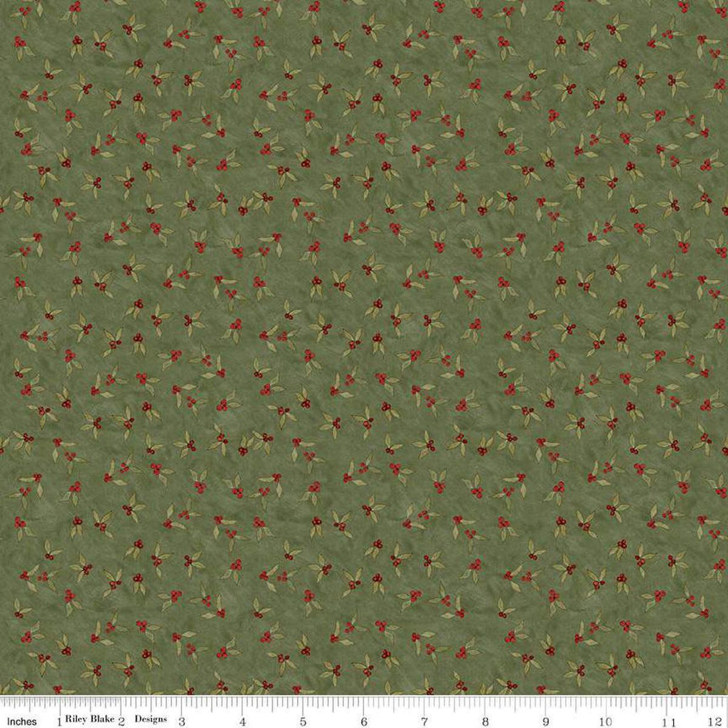 Image of the Naughty and Nice Holly Berries Green quilting cotton fabric by Riley Blake Designs. Features holly on a green background. Cute Little Fabric Shop