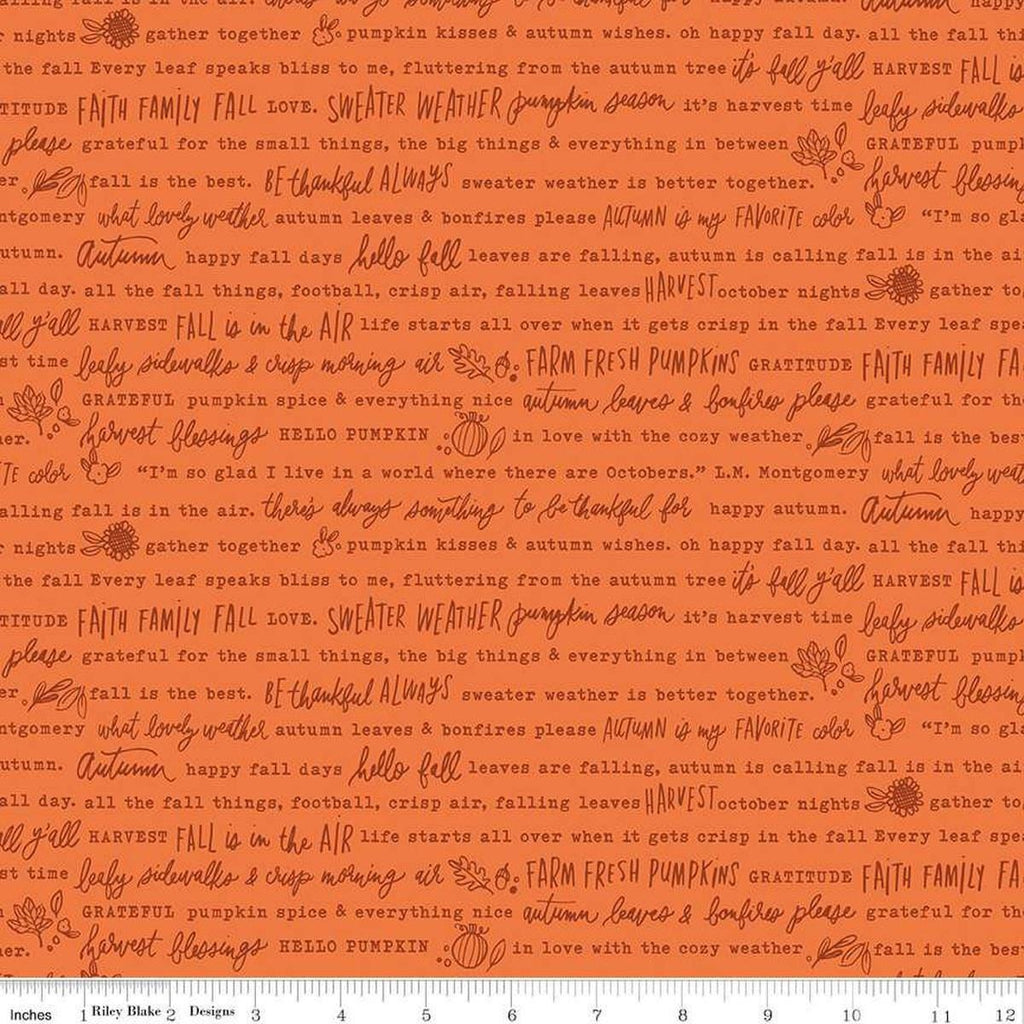 Image of the Happy Fall Days Autumn Words Orange quilting cotton fabric by Riley Blake Designs. Features text on an orange background. Cute Little Fabric Shop