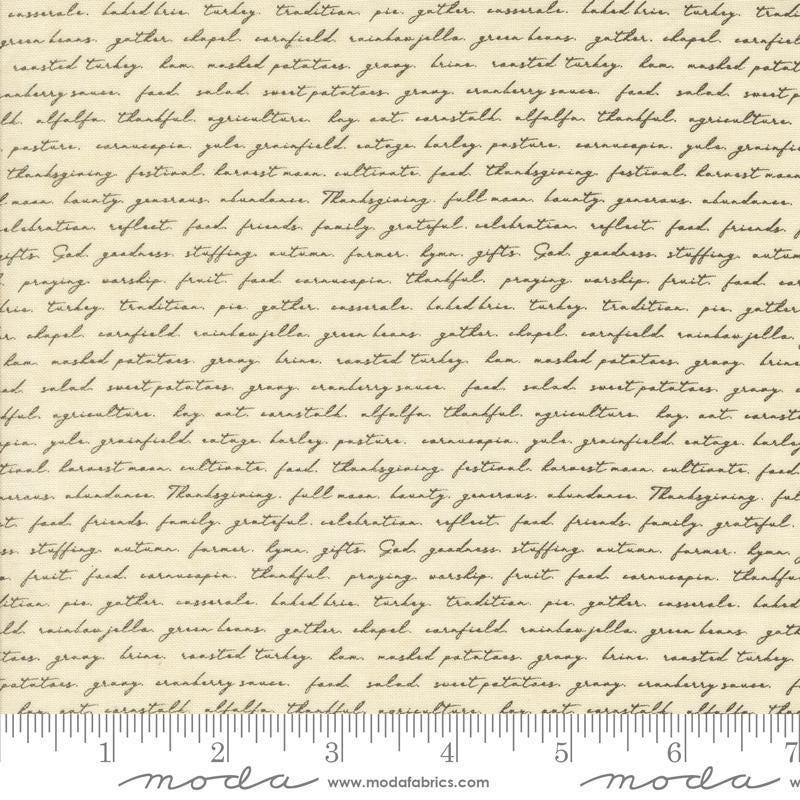 Image of the Acorn Hollow Text Ecru quilting cotton fabric by Moda Fabrics. Features words on a cream background. Cute Little Fabric Shop