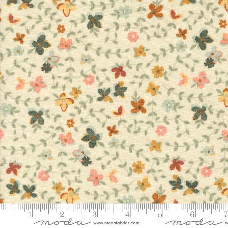 Image of the Acorn Hollow Gather Ecru quilting cotton fabric by Moda Fabrics. Features flowers on a cream background. Cute Little Fabric Shop