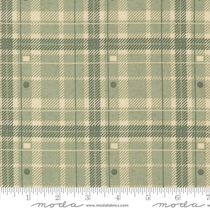 Image of the Acorn Hollow Plaid Sage quilting cotton fabric by Moda Fabrics. Features plaid on a green background. Cute Little Fabric Shop