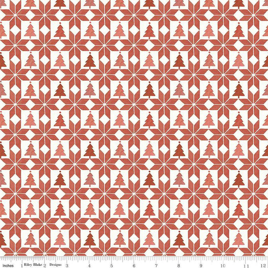 Image of the Magical Winterland Patchwork Barn Red quilting cotton fabric by Riley Blake Designs. Features a quilt design with trees and stars on a red and white background. 
Cute Little Fabric Shop
