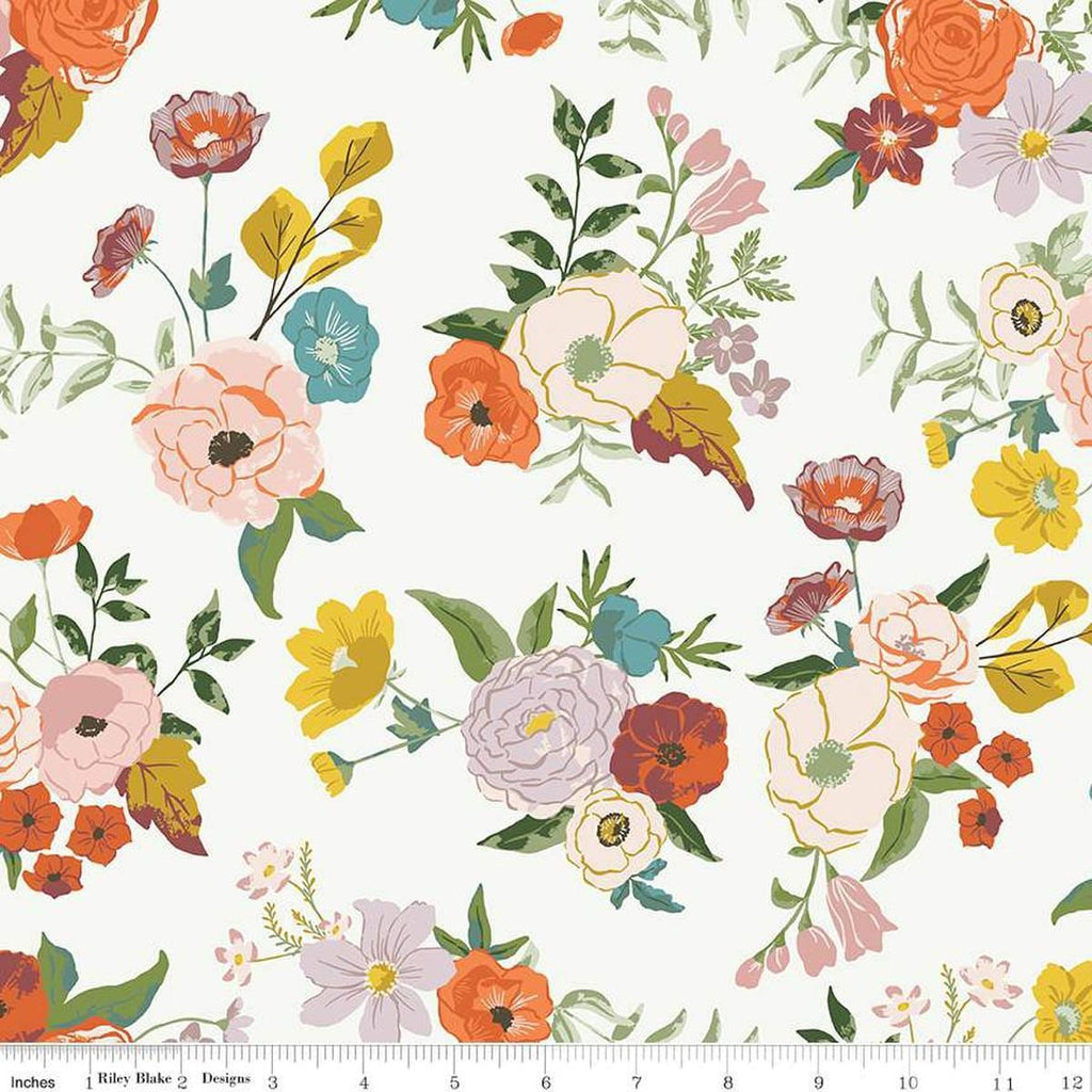 Image of the Winged Medley Main Cloud quilting cotton fabric. Features flowers on a pink background. Cute Little Fabric Shop