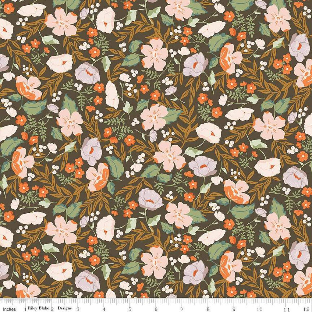 Image of the Winged Medley Blooms Brown quilting cotton fabric. Features flowers on a brown background. Cute Little Fabric Shop