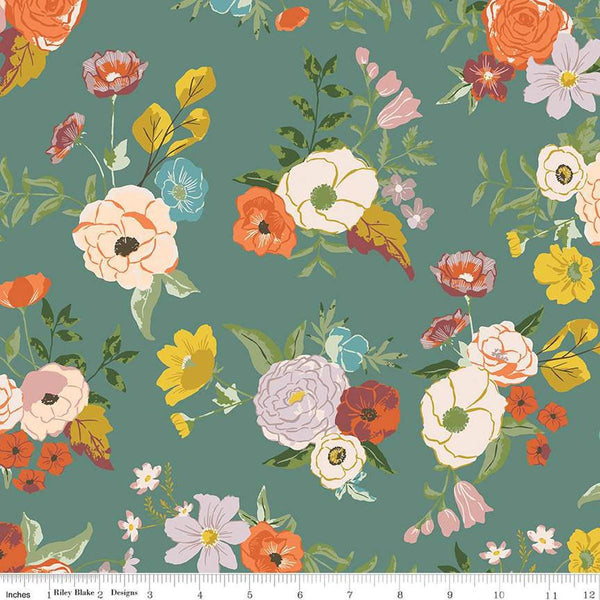 Image of the Winged Medley Main Teal quilting cotton fabric. Features flowers on a green background. Cute Little Fabric Shop