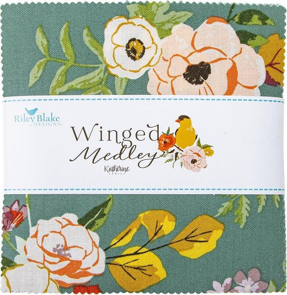 Winged Medley Charm Pack 5" Stacker Bundle - Riley Blake Designs - 42 piece Precut Pre cut - Floral Flowers - Quilting Cotton Fabric