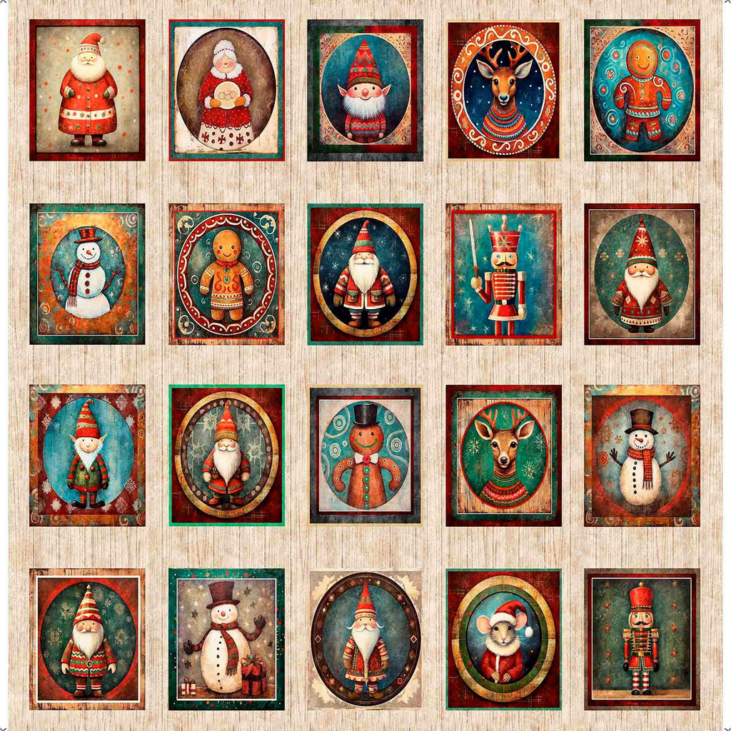 Santa's Workshop Christmas Character Picture Patches Panel 31070 Multi X - QT Fabrics - Christmas St. Nick Holiday - Quilting Cotton Fabric