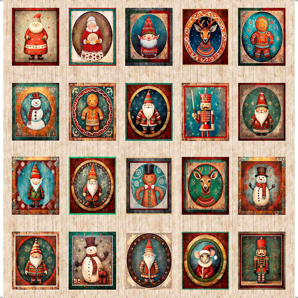 Santa's Workshop Christmas Character Picture Patches Panel 31070 Multi X - QT Fabrics - Christmas St. Nick Holiday - Quilting Cotton Fabric