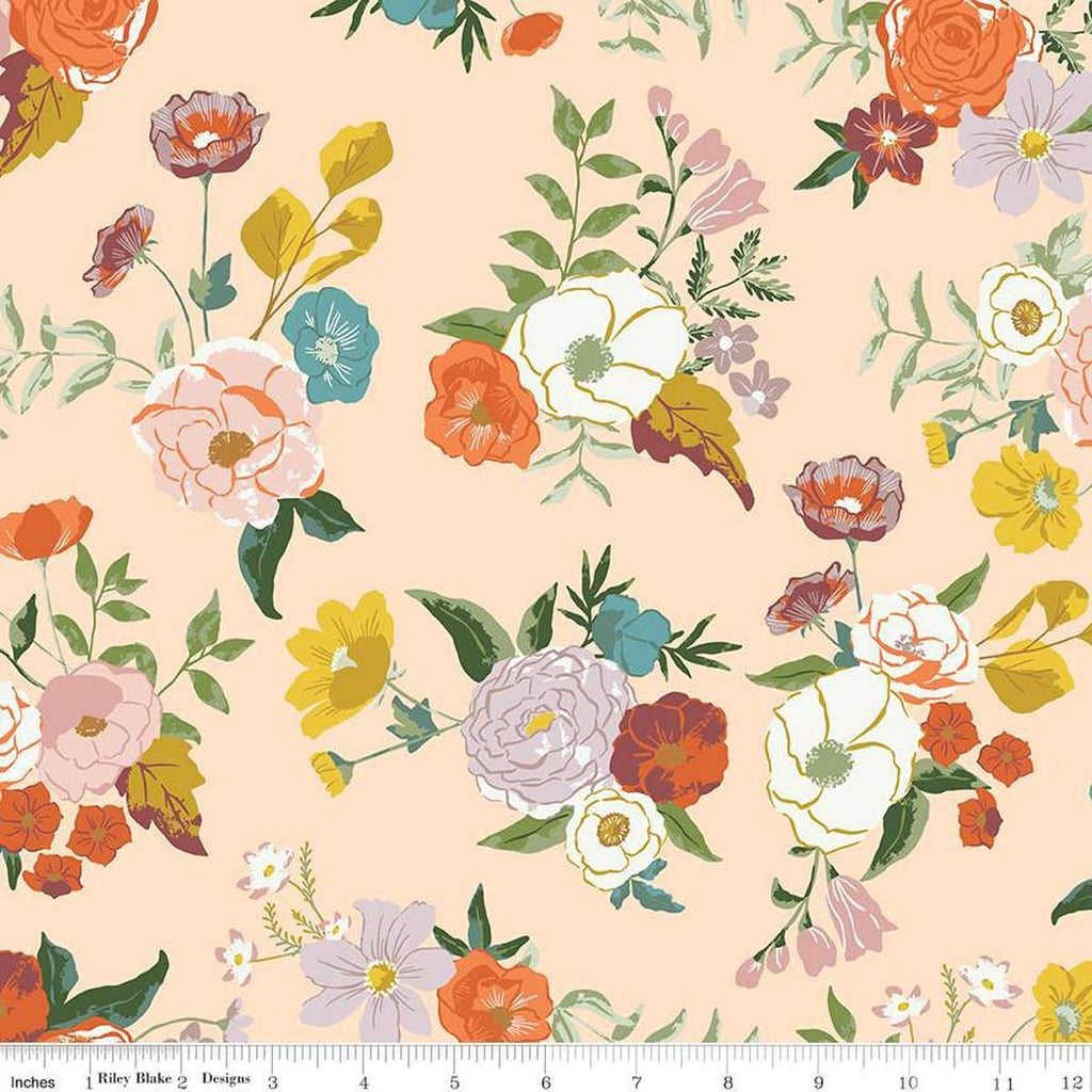 Image of the Winged Medley Main Blush quilting cotton fabric. Features flowers on a pink background. Cute Little Fabric Shop