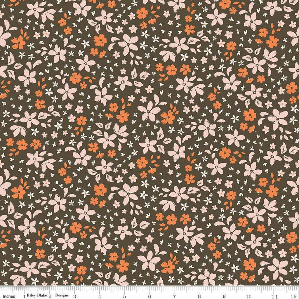 Image of the Winged Medley Petals Brown quilting cotton fabric. Features petals on a brown background. Cute Little Fabric Shop