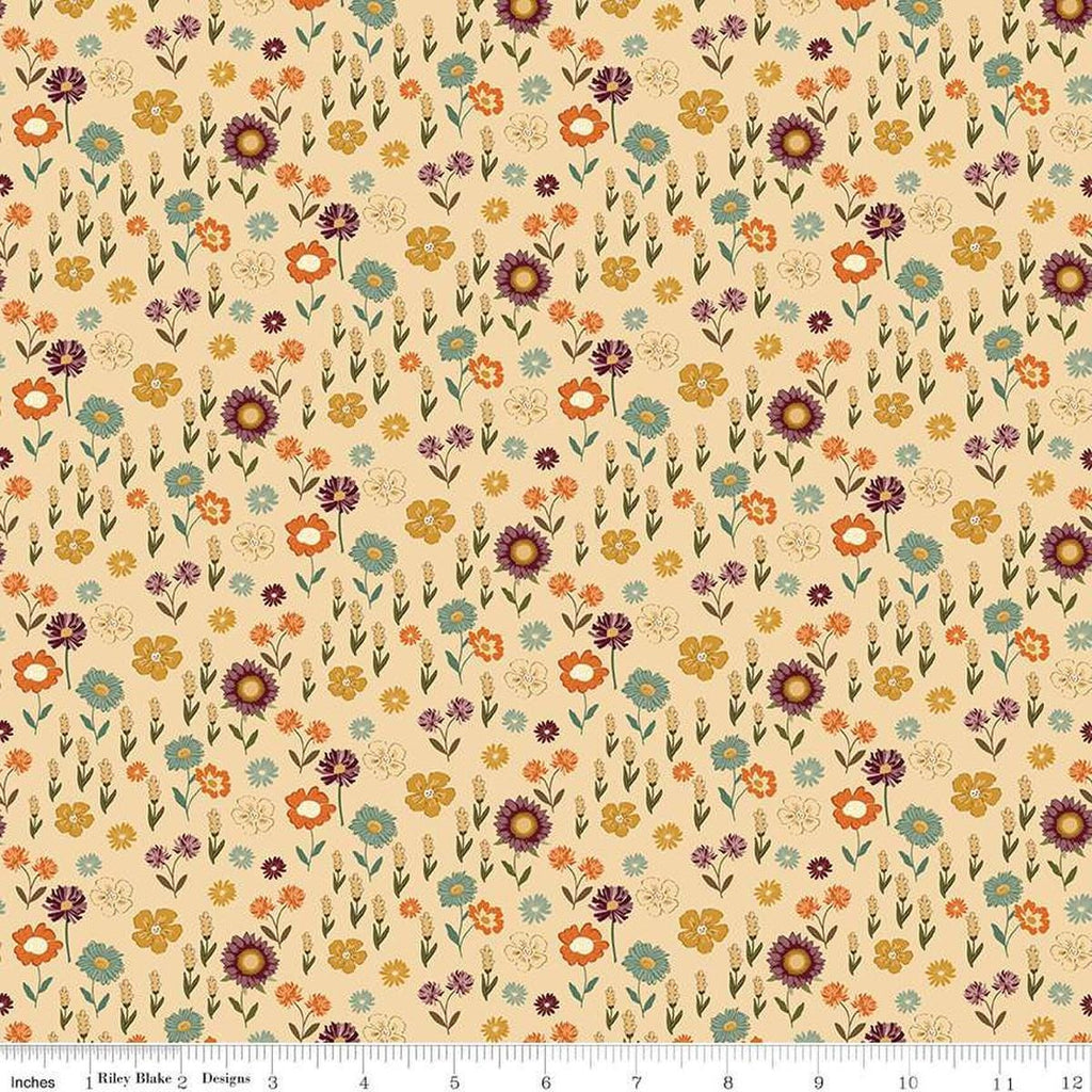 Image of the Awe of Autumn Floral Latte quilting cotton fabric by Riley Blake Designs. Features flowers on a beige background. Cute Little Fabric Shop