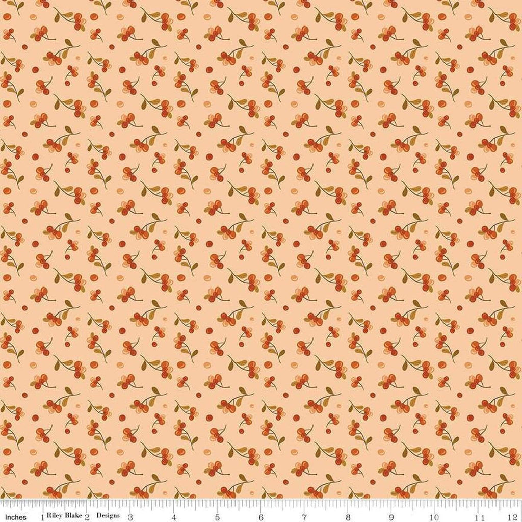 Image of the Awe of Autumn Bittersweet Blush quilting cotton fabric by Riley Blake Designs. Features berries on an orange background. Cute Little Fabric Shop