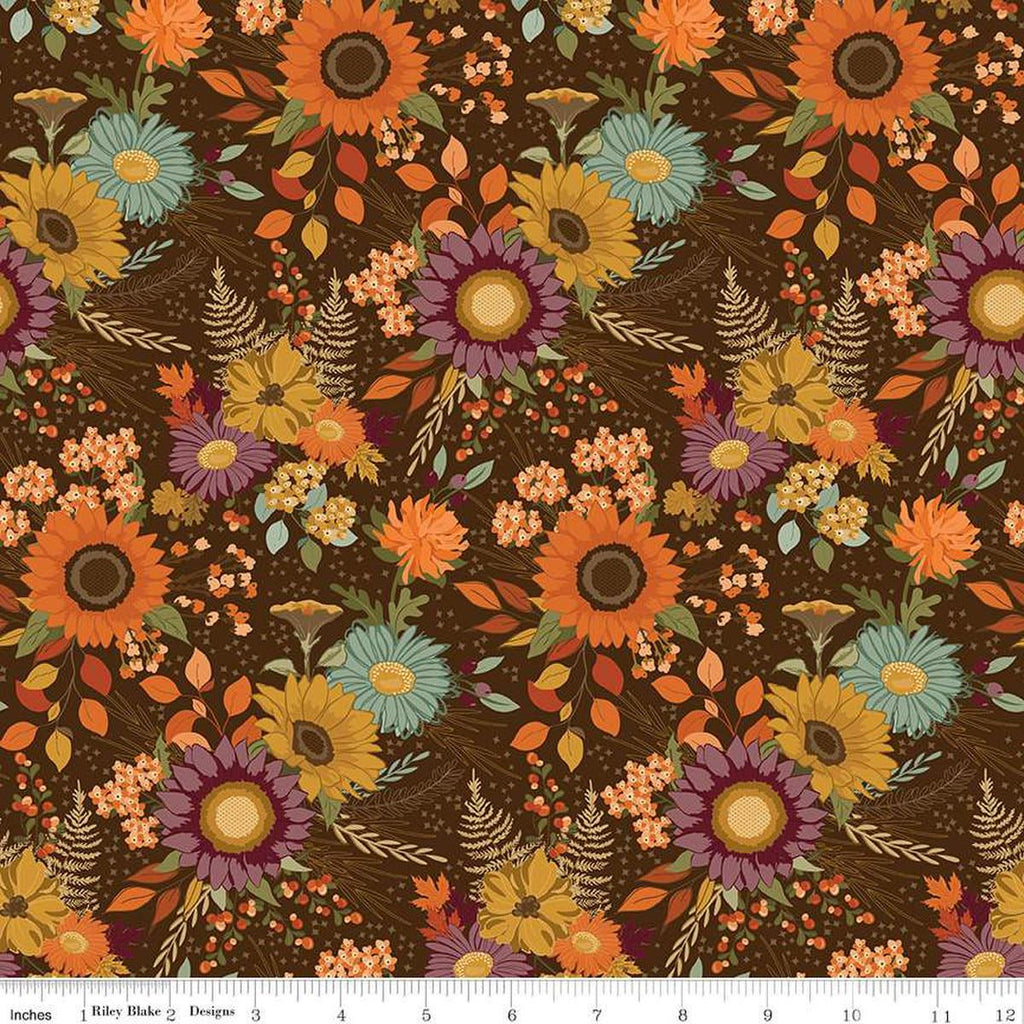 Image of the Awe of Autumn Main Brown quilting cotton fabric by Riley Blake Designs. Features flowers on a brown background. Cute Little Fabric Shop