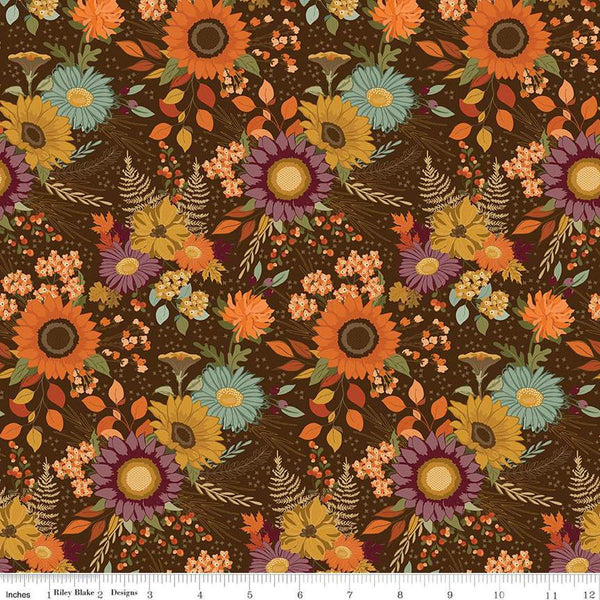 Image of the Awe of Autumn Main Brown quilting cotton fabric by Riley Blake Designs. Features flowers on a brown background. Cute Little Fabric Shop
