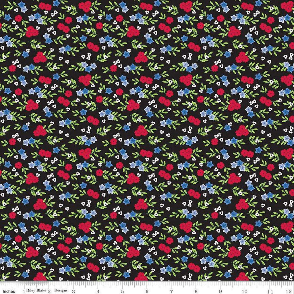 Image of the Cloudburst Floral Black quilting cotton fabric by Riley Blake Designs. Features flowers on a black background. Cute Little Fabric Shop