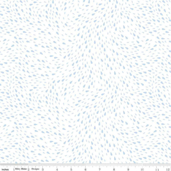 Image of the Cloudburst Rain White quilting cotton fabric by Riley Blake Designs. Features raindrops on a white background. Cute Little Fabric Shop