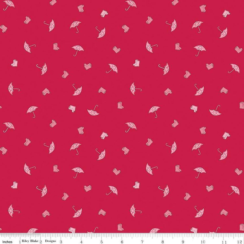 Image of the Cloudburst Umbrellas Red quilting cotton fabric by Riley Blake Designs. Features rainboots on a red background. Cute Little Fabric Shop