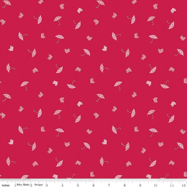 Image of the Cloudburst Umbrellas Red quilting cotton fabric by Riley Blake Designs. Features rainboots on a red background. Cute Little Fabric Shop