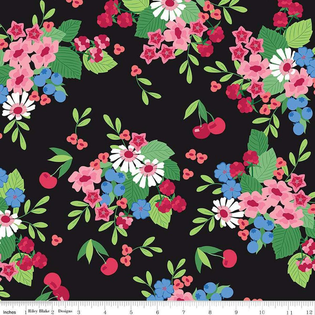 Image of the Cloudburst Main Black quilting cotton fabric by Riley Blake Designs. Features cherries on a black background. Cute Little Fabric Shop