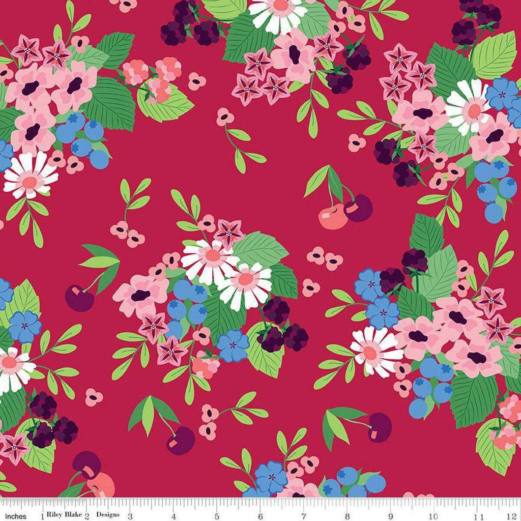 Image of the Cloudburst Main Red quilting cotton fabric by Riley Blake Designs. Features cherries on a red background. Cute Little Fabric Shop