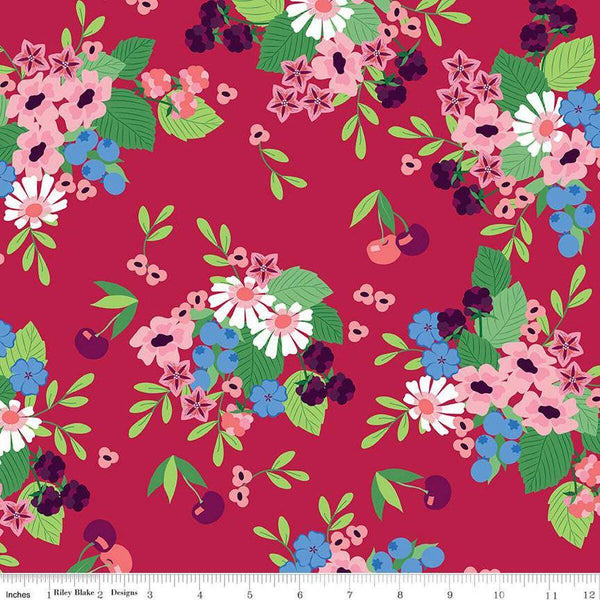 Image of the Cloudburst Main Red quilting cotton fabric by Riley Blake Designs. Features cherries on a red background. Cute Little Fabric Shop