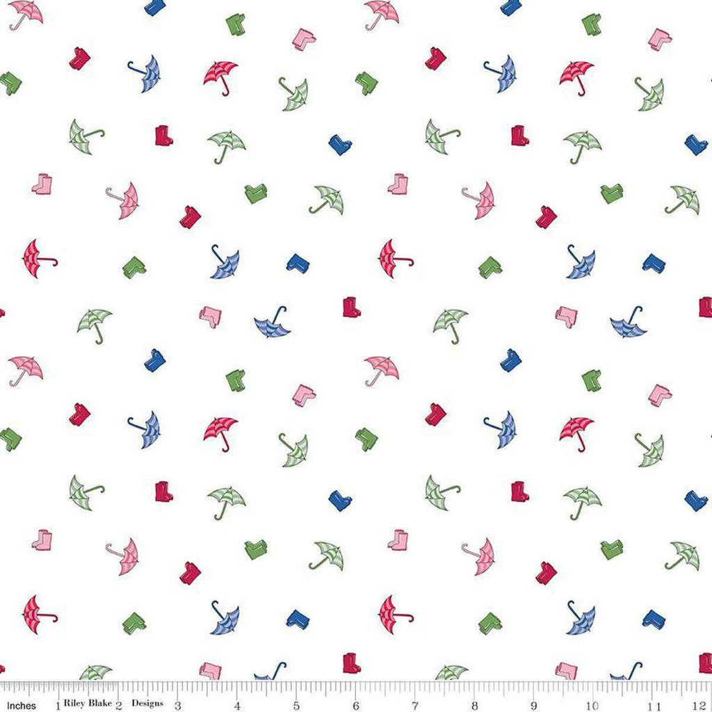 Image of the Cloudburst Umbrellas White quilting cotton fabric by Riley Blake Designs. Features rainboots on a white background. Cute Little Fabric Shop