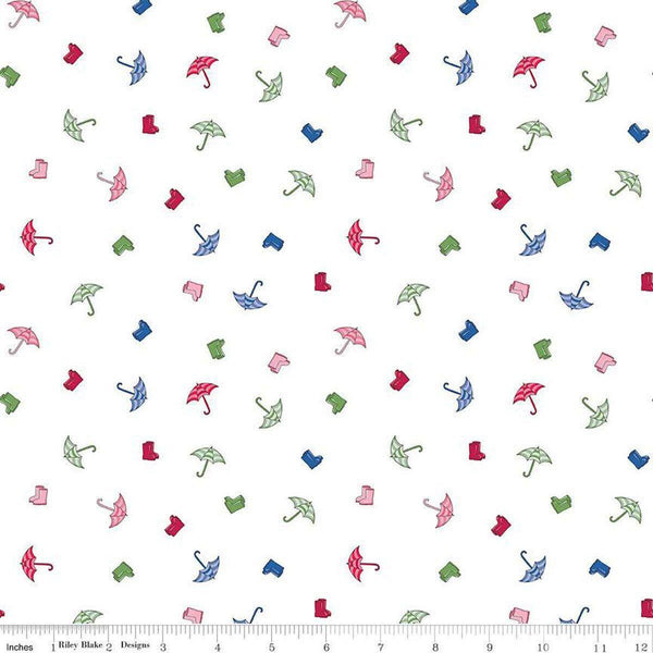 Image of the Cloudburst Umbrellas White quilting cotton fabric by Riley Blake Designs. Features rainboots on a white background. Cute Little Fabric Shop