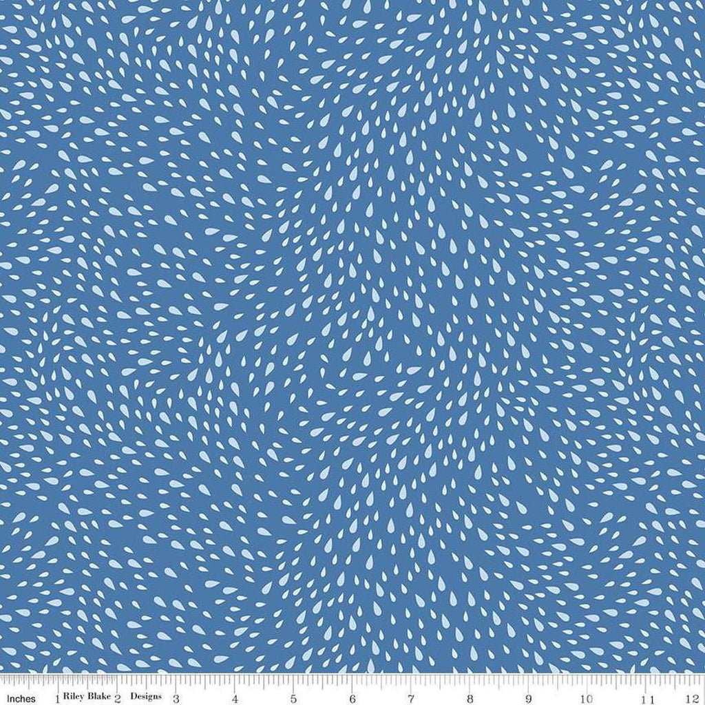 Image of the Cloudburst Rain Blue quilting cotton fabric by Riley Blake Designs. Features raindrops on a blue background. Cute Little Fabric Shop