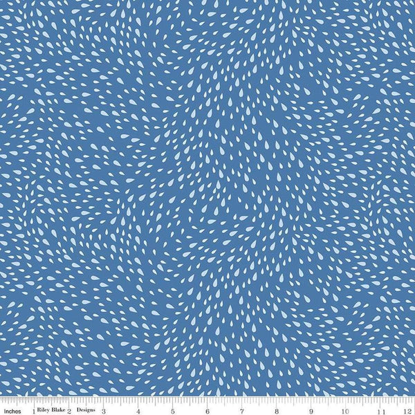 Image of the Cloudburst Rain Blue quilting cotton fabric by Riley Blake Designs. Features raindrops on a blue background. Cute Little Fabric Shop